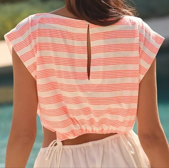 Anthropologie Boatneck Cut Out Romper in Coral Stripe Size XL NWT - Picture 5 of 11